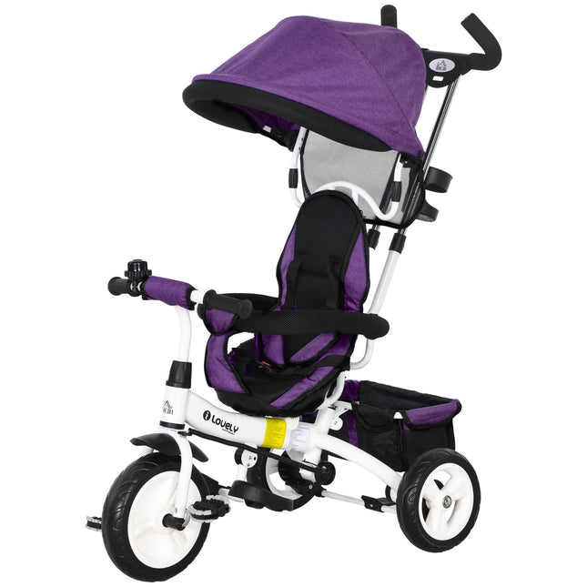 Children's Tricycle with Push Bar, Canopy, Storage Basket