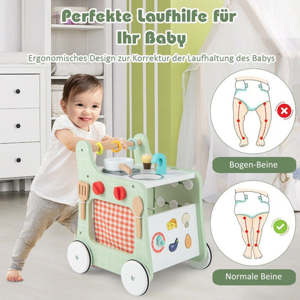 6 viename medinis kūdikio vaikštynė su žaidimų virtuvėle ir mokymosi laikrodžiu, formos reguliavimu ir judančiu slankikliu, žalias