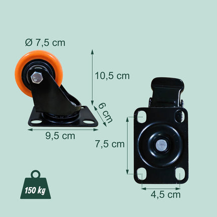75 mm pasukami ratukai, 4 vnt. komplektas – plieniniai, PVC dengti ratukai