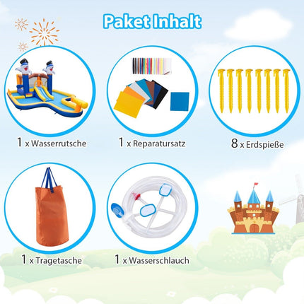 7 viename vandens čiuožyklų parkas pripučiamas batutas su vandens purslų baseinu, 578 x 408 x 250 cm