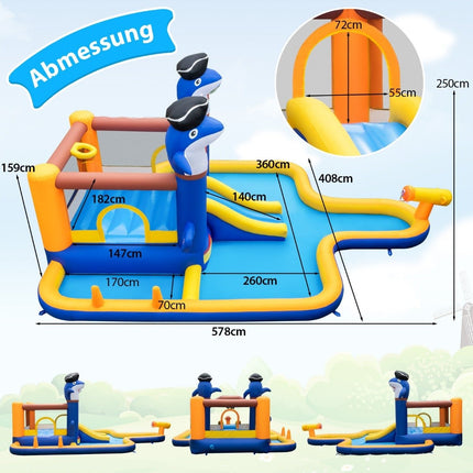 7 viename vandens čiuožyklų parkas pripučiamas batutas su vandens purslų baseinu, 578 x 408 x 250 cm