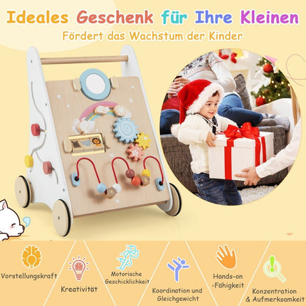 7 in 1 wooden baby walker with game board & mirror & building blocks & storage box baby walker