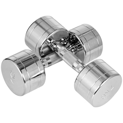 Metalinių hantelių rinkinys iš 2 vnt., 2 x 7 kg hantelių su rievėta rankena, kompaktiškos formos, neslystantys fitneso hanteliai, sidabriniai, 24 x 9 x 9 cm