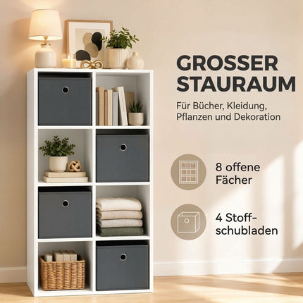 8-Cube Storage Shelf with 4 Grey Fabric Drawers, Anti-Tip Kit, White
