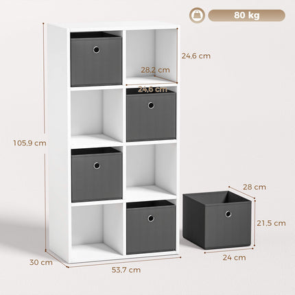 8-Cube Storage Shelf with 4 Grey Fabric Drawers, Anti-Tip Kit, White