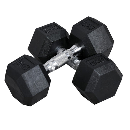 Šešiakampiai hanteliai, 2 vnt., ketaus hanteliai, rievėta rankena, svarmenys, metalas, guma, juodi, 2 x 8 kg