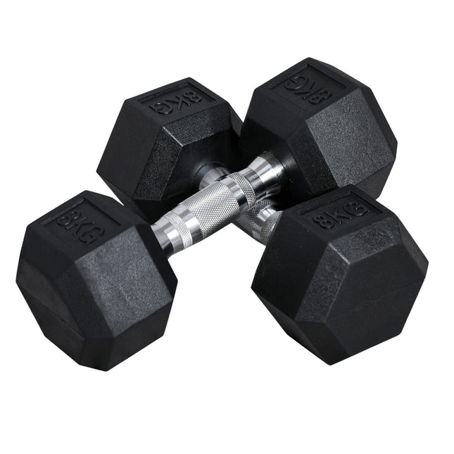 Šešiakampiai hanteliai, 2 vnt., ketaus hanteliai, rievėta rankena, svarmenys, metalas, guma, juodi, 2 x 8 kg