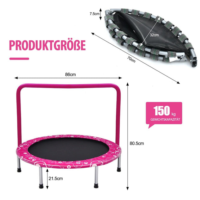 92 cm vaikiškas batutas, mini batutas su rankena, sulankstomas batutas, keliamoji galia iki 150 kg, rožinis + juodas