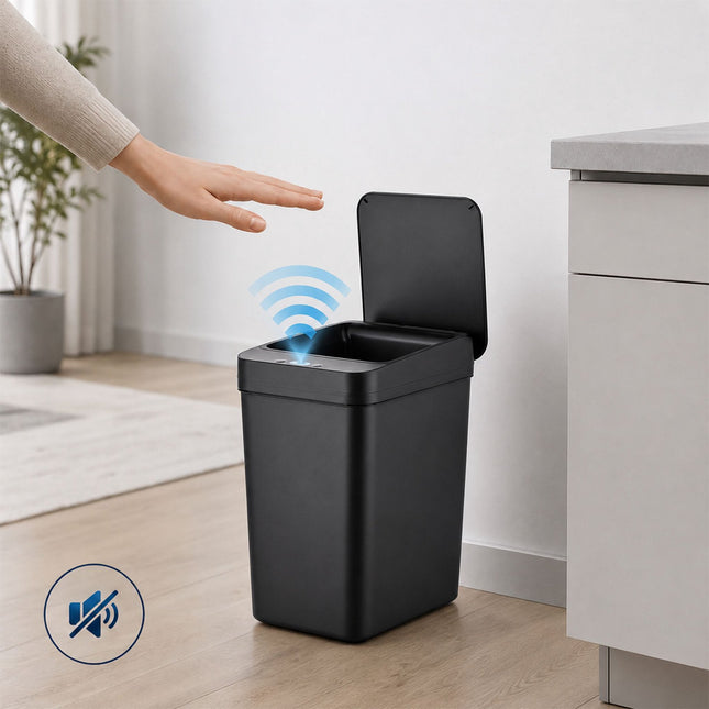 9 litrų juodas plastikinis virtuvės šiukšliadėžė su jutikliu