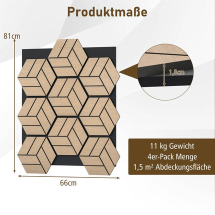 Akustinės sienų plokštės, šešiakampės, medinės, garsą sugeriančios, 4 vnt. pakuotėje