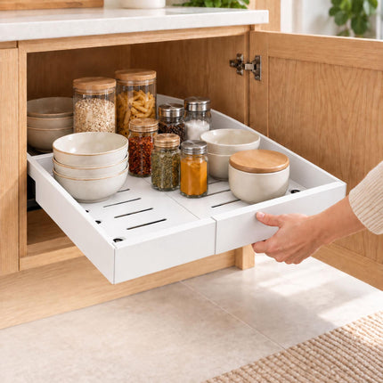 Adhesive Telescopic Drawer for Deep Cabinets, 53 cm Deep, 30 kg Load, White