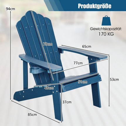 Adirondack sodo kėdė su puodelių laikikliu, mėlyna, atspari oro sąlygoms