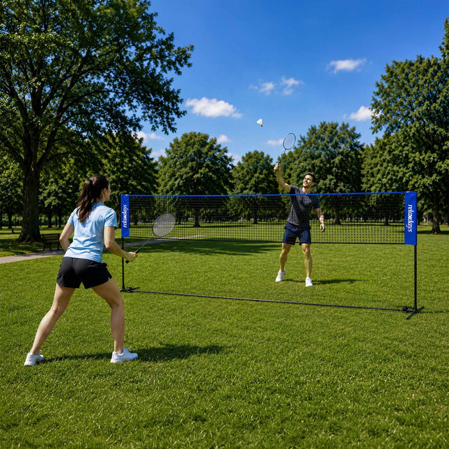 Reguliuojamas badmintono tinklas su stovu, 400 cm, mėlynas