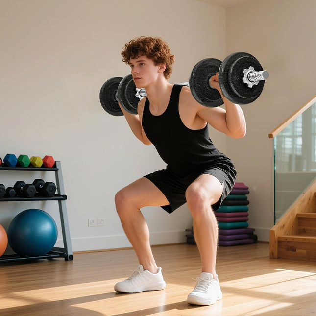 Reguliuojamo svorio hantelių ir štangos rinkinys, 20 kg, neslystanti rankena