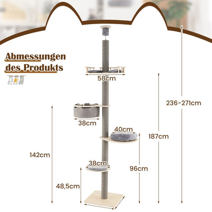 Reguliuojamas katėms skirtas dresuotojas nuo grindų iki lubų, 236-271 cm, pilkas
