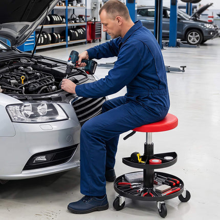 Reguliuojamo aukščio riedanti mechaniko kėdė su įrankių padėklais