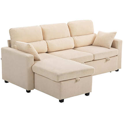 Reguliuojama L formos sofa-lova su daiktadėže, smėlio spalvos