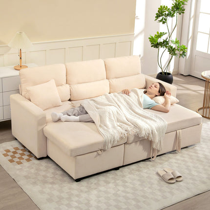 Reguliuojama L formos sofa-lova su daiktadėže, smėlio spalvos