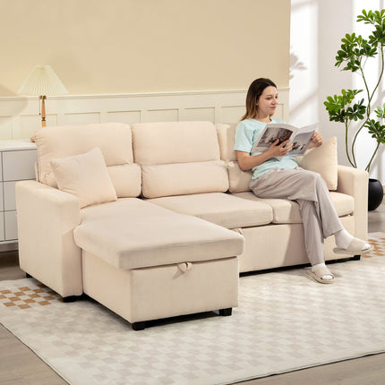 Reguliuojama L formos sofa-lova su daiktadėže, smėlio spalvos
