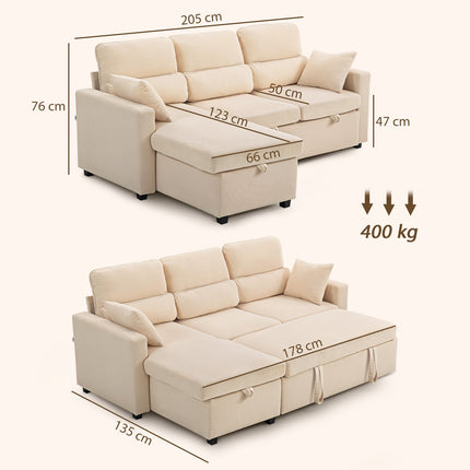 Reguliuojama L formos sofa-lova su daiktadėže, smėlio spalvos