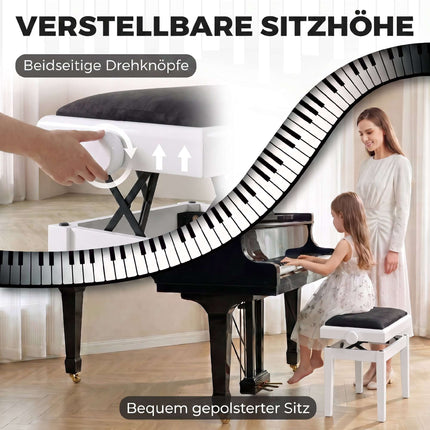 Reguliuojamas pianino suolas su aksominiu pagalvėle, baltas kaučiukmedis