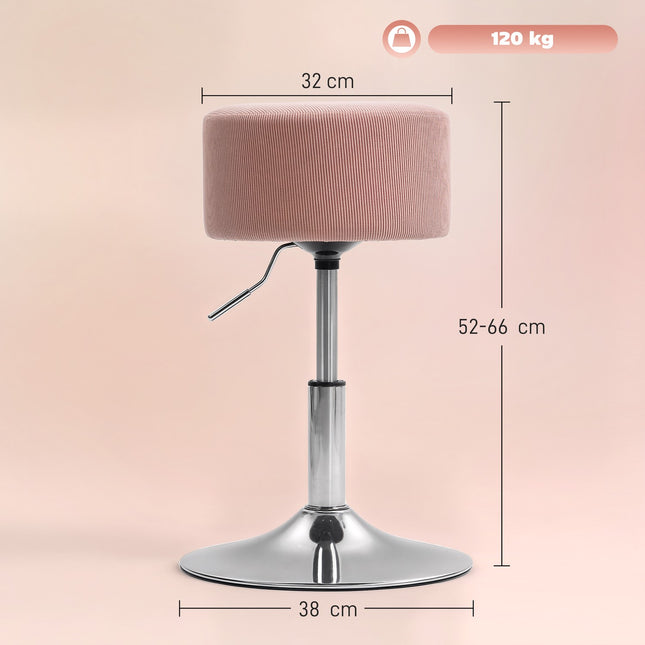 Reguliuojamas rožinis velveto baro kėdė, 360° pasukama, metalinis pagrindas