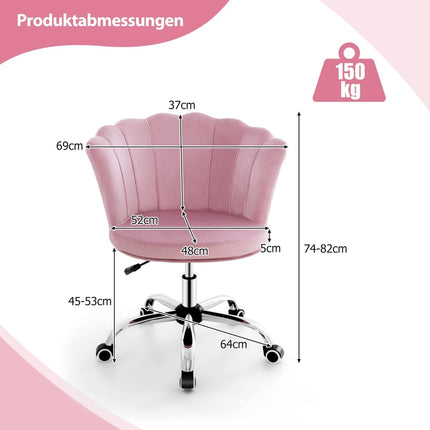 Reguliuojama rožinė aksominė biuro kėdė su ratukais, ergonomiškas dizainas