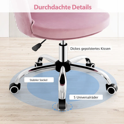 Reguliuojama rožinė aksominė biuro kėdė su ratukais, ergonomiškas dizainas