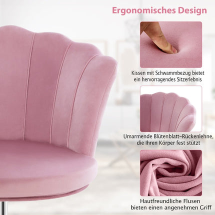 Reguliuojama rožinė aksominė biuro kėdė su ratukais, ergonomiškas dizainas
