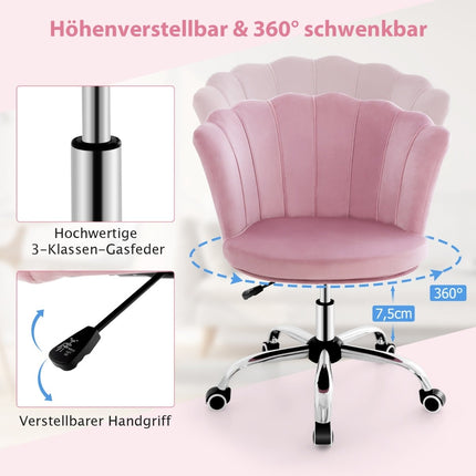 Reguliuojama rožinė aksominė biuro kėdė su ratukais, ergonomiškas dizainas