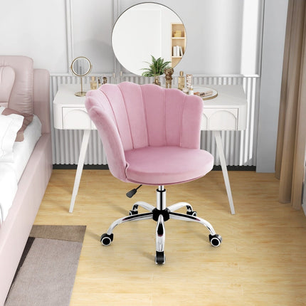 Reguliuojama rožinė aksominė biuro kėdė su ratukais, ergonomiškas dizainas