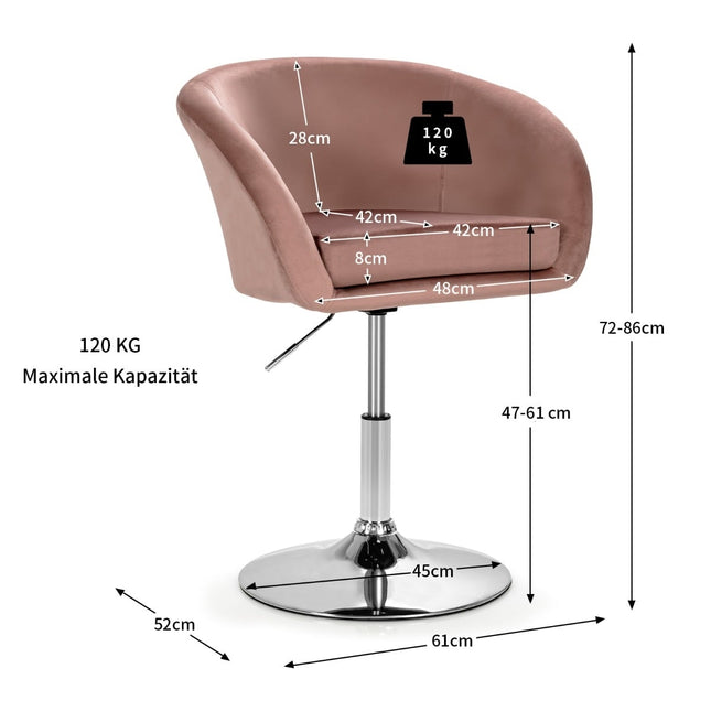 Reguliuojamas rožinis aksominis pasukamas baro krėslas, 360° sukimasis, 120 kg keliamoji galia
