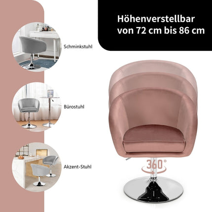Reguliuojamas rožinis aksominis pasukamas baro krėslas, 360° sukimasis, 120 kg keliamoji galia
