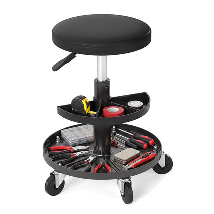 Reguliuojama mechaniko kėdė su įrankių padėklais, juoda