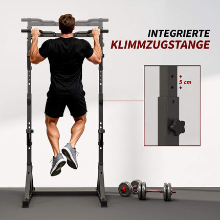 Reguliuojamas pritūpimų stovas su prisitraukimų strypu, 200 kg, juodas