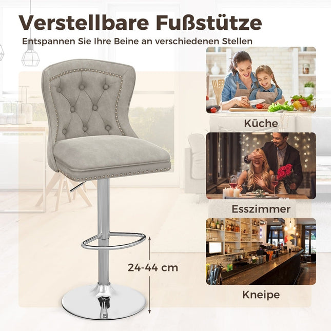 Reguliuojamo dydžio aksominės baro kėdės, 2 vnt. komplektas, pilkos, 67-87 cm