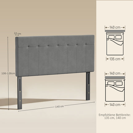 Reguliuojamas aksominis lovos galvūgalis su metalinėmis kojelėmis, 140 cm, pilkas