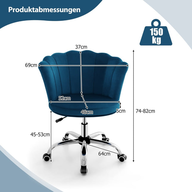 Reguliuojama aksominė biuro kėdė su ratukais, ergonomiška, mėlyna