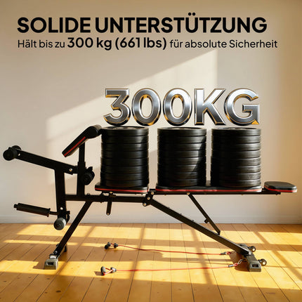 Reguliuojamas svarmenų suoliukas, 300 kg keliamoji galia, 3 viename su gumomis