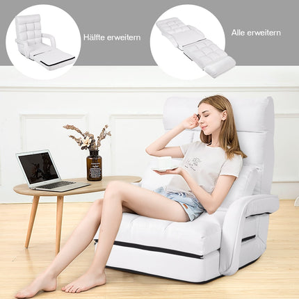 Reguliuojama balta sofa-lova su porankiais ir pagalve