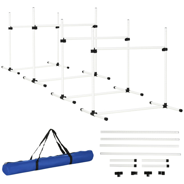 Vikrumo kliūčių rinkinys, slalomo strypai, šunų dresūros rinkinys, 4 kliūtys, plastikas, baltas, 99 x 65 x 94 cm