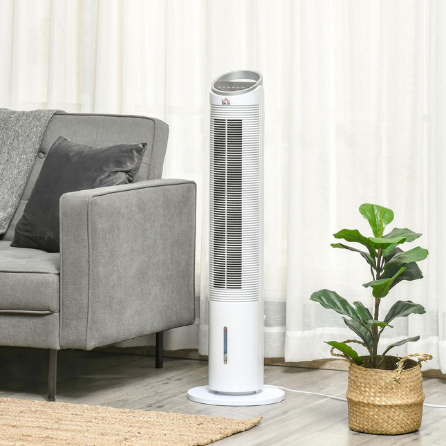 Oro aušintuvo bokšto ventiliatorius su vandens aušinimu, nuotolinio valdymo pultu, oro drėkinimu, 8 val. laikmačiu, 20㎡, 60W, Ø30X100.8H Cm