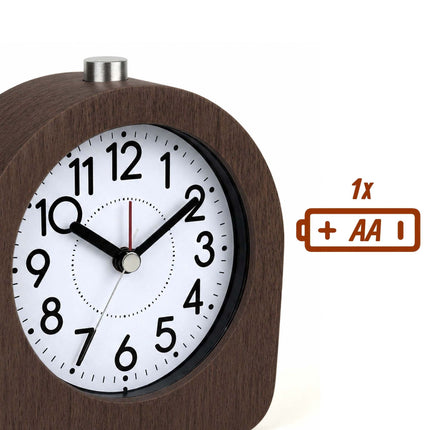 Analogue Beech Wood Alarm Clock with Snooze and Light, Dark Brown
