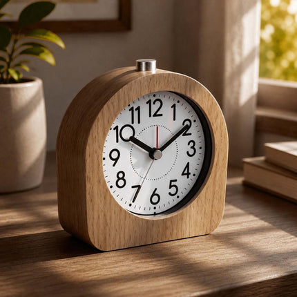 Analogue Beech Wood Alarm Clock with Snooze and Light, Natural