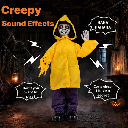 Animatronic Haunted Boy with Light-Up Eyes and Creepy Sounds, Yellow