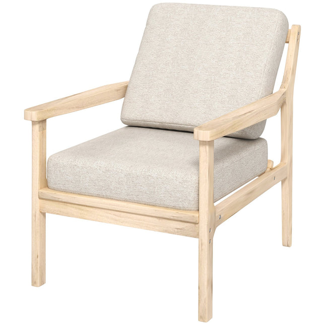 Beige armchair in linen look with wooden legs and removable cushions