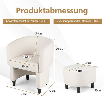 Armchair with footstool, upholstered velvet armchair, club armchair, solid wood, beige