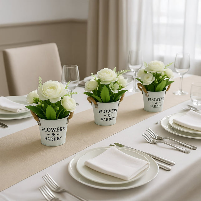 Dirbtinių gėlių rinkinys, 3 balti vazonai su virvinėmis rankenomis