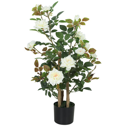 Artificial Rose Tree 90 cm in Pot with Moss and 17 Flowers, White, UV-Resistant