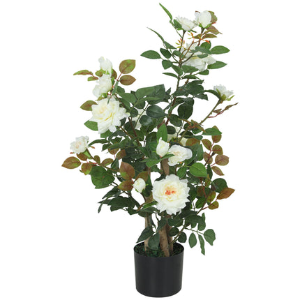 Artificial Rose Tree 90 cm in Pot with Moss and 17 Flowers, White, UV-Resistant